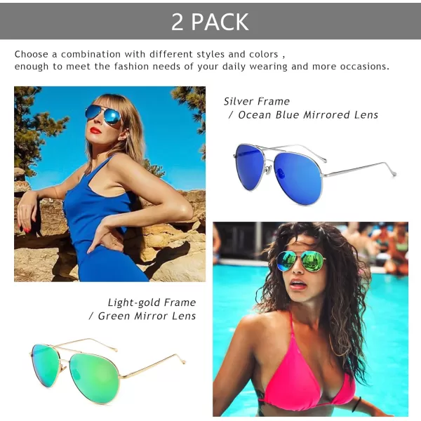 SUNGAIT Womens Lightweight Oversized Aviator Sunglasses  Mirrored Polarized Lens2 Pack Polarized  SilverOcean Blue MirroredlightgoldGreen Mirrored