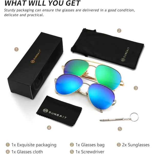 SUNGAIT Womens Lightweight Oversized Aviator Sunglasses  Mirrored Polarized Lens2 Pack Polarized  SilverOcean Blue MirroredlightgoldGreen Mirrored