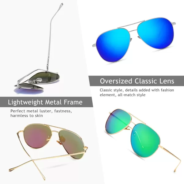 SUNGAIT Womens Lightweight Oversized Aviator Sunglasses  Mirrored Polarized Lens2 Pack Polarized  SilverOcean Blue MirroredlightgoldGreen Mirrored
