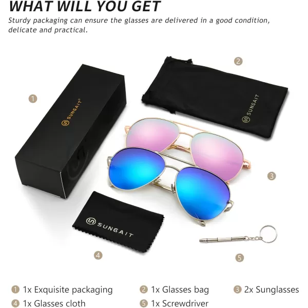 SUNGAIT Womens Lightweight Oversized Aviator Sunglasses  Mirrored Polarized Lens2 Pack Polarized  SilverOcean Blue Mirroredrose GoldPurple Mirrored