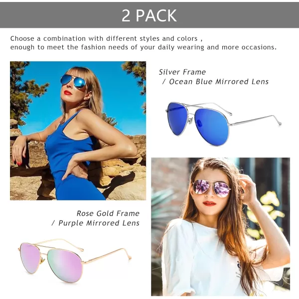 SUNGAIT Womens Lightweight Oversized Aviator Sunglasses  Mirrored Polarized Lens2 Pack Polarized  SilverOcean Blue Mirroredrose GoldPurple Mirrored