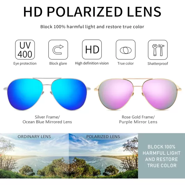 SUNGAIT Womens Lightweight Oversized Aviator Sunglasses  Mirrored Polarized Lens2 Pack Polarized  SilverOcean Blue Mirroredrose GoldPurple Mirrored