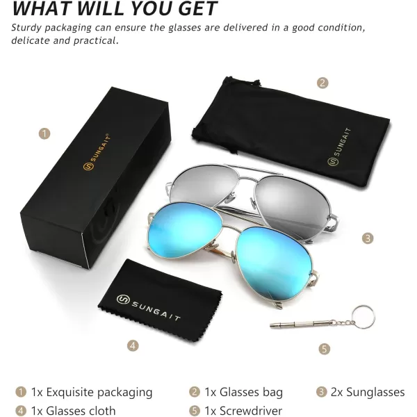 SUNGAIT Womens Lightweight Oversized Aviator Sunglasses  Mirrored Polarized Lens2 Pack Polarized  SilverSilver MirroredsilverBlue Mirrored
