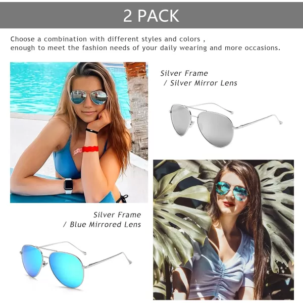 SUNGAIT Womens Lightweight Oversized Aviator Sunglasses  Mirrored Polarized Lens2 Pack Polarized  SilverSilver MirroredsilverBlue Mirrored