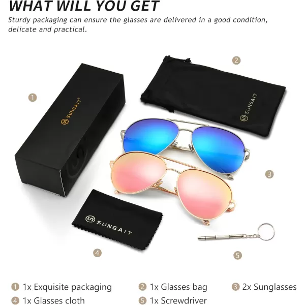 SUNGAIT Womens Lightweight Oversized Aviator Sunglasses  Mirrored Polarized Lens2 Pack PolarizedlightgoldPink Mirrored  SilverOcean Blue Mirrored