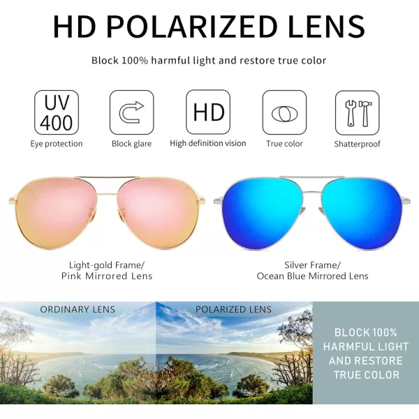 SUNGAIT Womens Lightweight Oversized Aviator Sunglasses  Mirrored Polarized Lens2 Pack PolarizedlightgoldPink Mirrored  SilverOcean Blue Mirrored