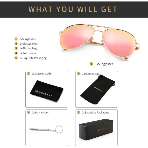 SUNGAIT Womens Lightweight Oversized Aviator Sunglasses  Mirrored Polarized Lens2024 Lightgold FramePink Mirror Lens