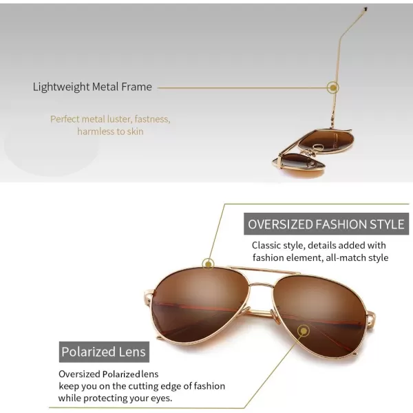 SUNGAIT Womens Lightweight Oversized Aviator Sunglasses  Mirrored Polarized LensLightgold FrameBrown Lens  60