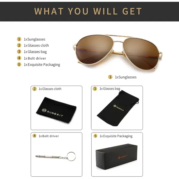 SUNGAIT Womens Lightweight Oversized Aviator Sunglasses  Mirrored Polarized LensLightgold FrameBrown Lens  60