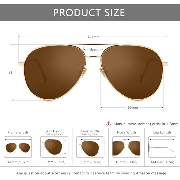 SUNGAIT Womens Lightweight Oversized Aviator Sunglasses  Mirrored Polarized LensLightgold FrameBrown Lens  60