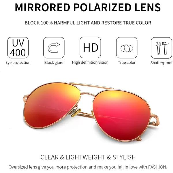 SUNGAIT Womens Lightweight Oversized Aviator Sunglasses  Mirrored Polarized LensLightgold FrameOrangered Mirror Lens