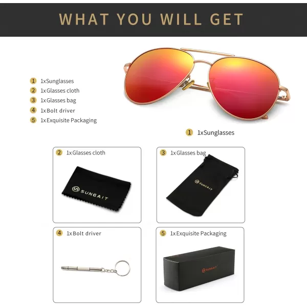 SUNGAIT Womens Lightweight Oversized Aviator Sunglasses  Mirrored Polarized LensLightgold FrameOrangered Mirror Lens