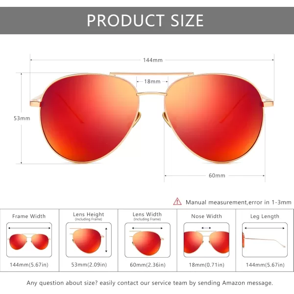 SUNGAIT Womens Lightweight Oversized Aviator Sunglasses  Mirrored Polarized LensLightgold FrameOrangered Mirror Lens