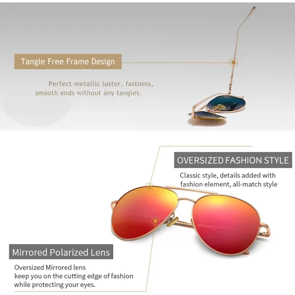 SUNGAIT Womens Lightweight Oversized Aviator Sunglasses  Mirrored Polarized LensLightgold FrameOrangered Mirror Lens
