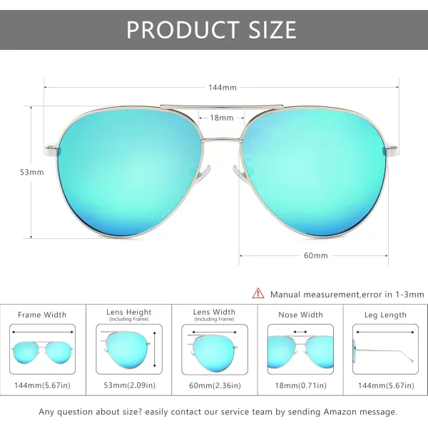 SUNGAIT Womens Lightweight Oversized Aviator Sunglasses  Mirrored Polarized LensSilver FrameBlue Mirror Lens  60
