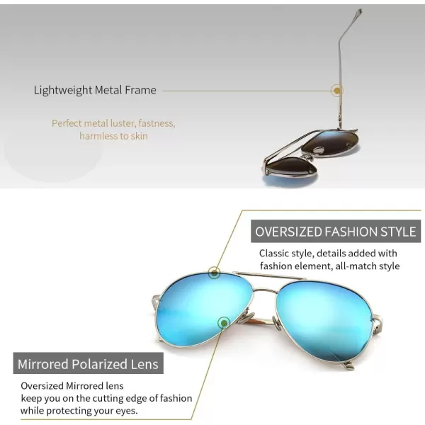 SUNGAIT Womens Lightweight Oversized Aviator Sunglasses  Mirrored Polarized LensSilver FrameBlue Mirror Lens  60