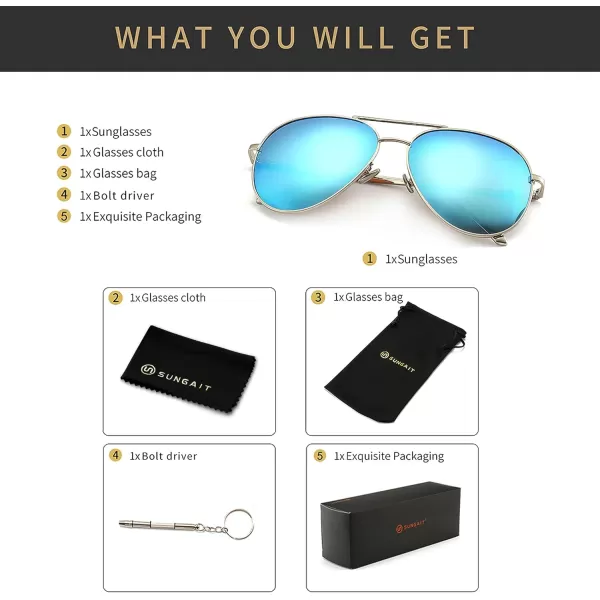 SUNGAIT Womens Lightweight Oversized Aviator Sunglasses  Mirrored Polarized LensSilver FrameBlue Mirror Lens  60