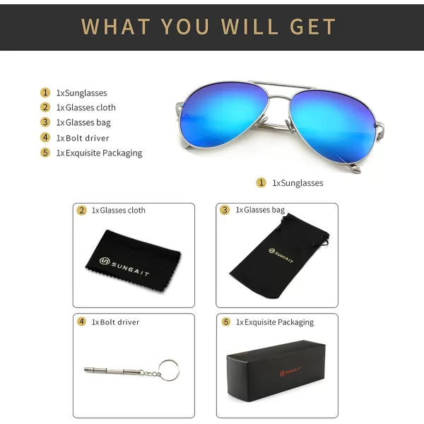 SUNGAIT Womens Lightweight Oversized Aviator Sunglasses  Mirrored Polarized LensSilver FrameOcean Blue Mirror Lens