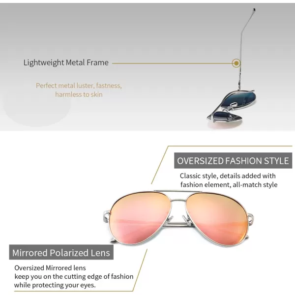 SUNGAIT Womens Lightweight Oversized Aviator Sunglasses  Mirrored Polarized LensSilver FramePink Mirror Lens  60