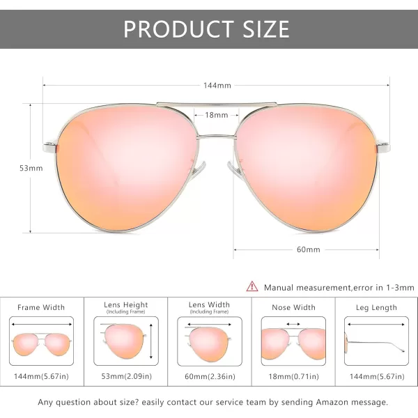 SUNGAIT Womens Lightweight Oversized Aviator Sunglasses  Mirrored Polarized LensSilver FramePink Mirror Lens  60