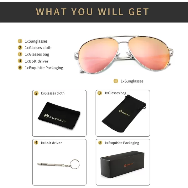 SUNGAIT Womens Lightweight Oversized Aviator Sunglasses  Mirrored Polarized LensSilver FramePink Mirror Lens  60