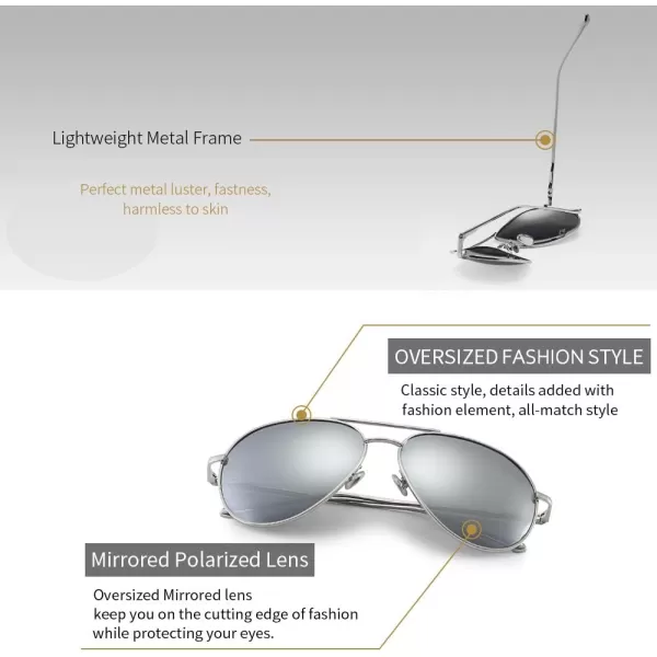 SUNGAIT Womens Lightweight Oversized Aviator Sunglasses  Mirrored Polarized LensSilver FrameSilver Mirror Lens  60
