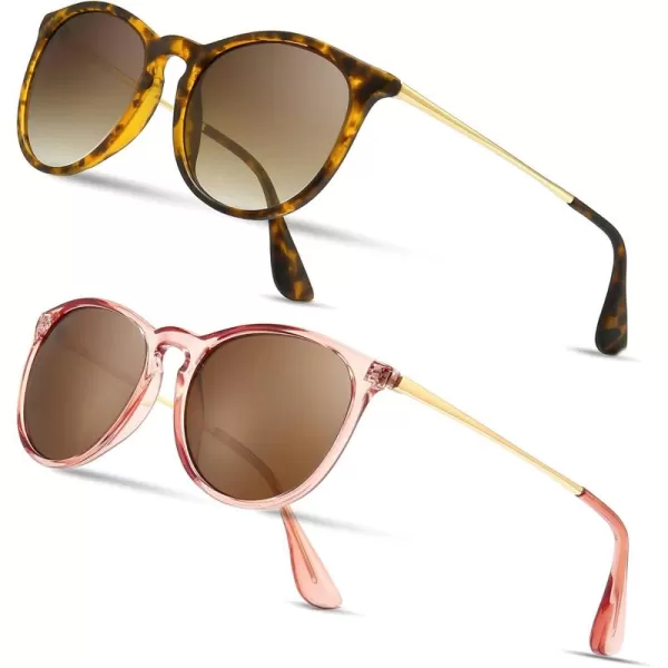 SUNGAIT 2 Pairs Round Polarized Sunglasses for Women Men Vintage Trendy Style Colored Lens UV400Amber Frame Polarized Brown Gradient Lens  Pink Brown Frame Polarized Lightbrown Lens