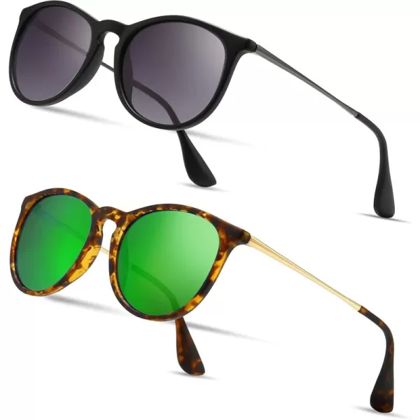 SUNGAIT 2 Pairs Round Polarized Sunglasses for Women Men Vintage Trendy Style Colored Lens UV400Amber Frame Polarized Green Lens  Black Frame Polarized Grey Gradient Lens