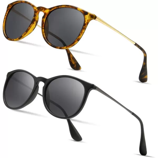 SUNGAIT 2 Pairs Round Polarized Sunglasses for Women Men Vintage Trendy Style Colored Lens UV400Amber Frame Polarized Grey Lens  Black Frame Polarized Grey Lens