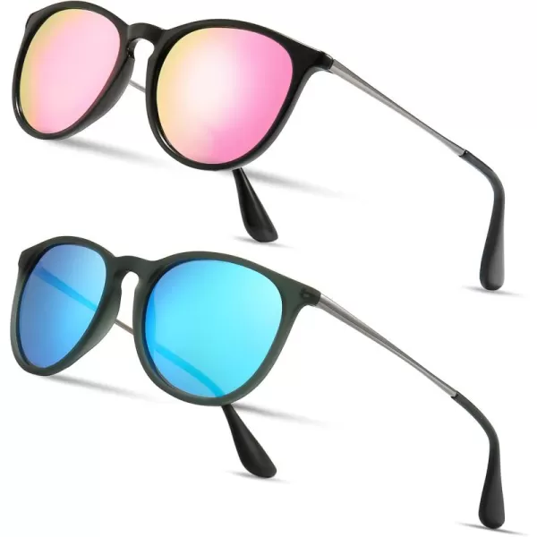 SUNGAIT 2 Pairs Round Polarized Sunglasses for Women Men Vintage Trendy Style Colored Lens UV400Black Frame Polarized Sakura Pink Lens  Grey Frame Polarized Blue Mirror Lens