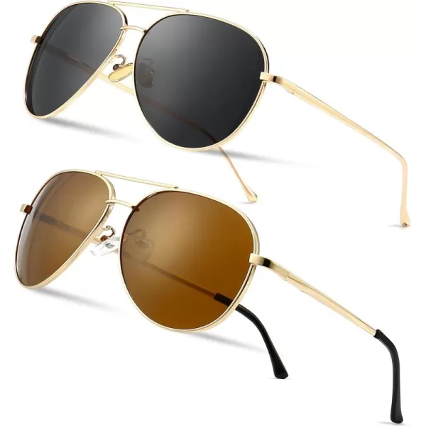 SUNGAIT Aviator Polarized Sunglasses UV400 Protection for Men Women Vintage Retro Style2 Pack Polarizedlightgold GraylightgoldBrown