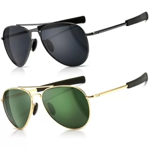 SUNGAIT Aviator Sunglasses For Men Polarized Military Style 100 UV400 Protection2 Pack Polarized GunmetalGraygoldGreen