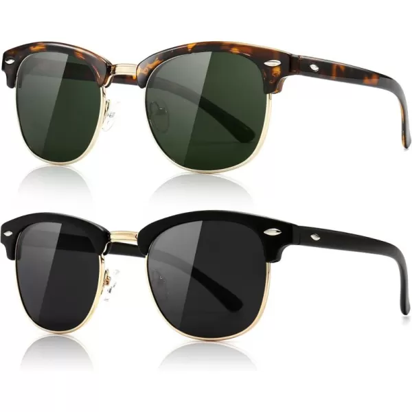SUNGAIT Classic Half Frame Retro Sunglasses with Polarized Lens2 PackpolarizedblackGrey LeopardGreen