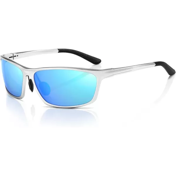 SUNGAIT Classic Rectangle Polarized Sunglasses for Men AlMg Metal Frame with Spring HingeSilver Frame Blue Mirrored Lens