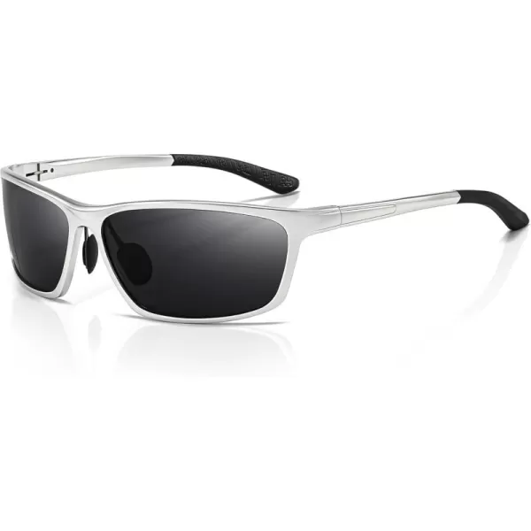 SUNGAIT Classic Rectangle Polarized Sunglasses for Men AlMg Metal Frame with Spring HingeSilver Frame Gray Lens