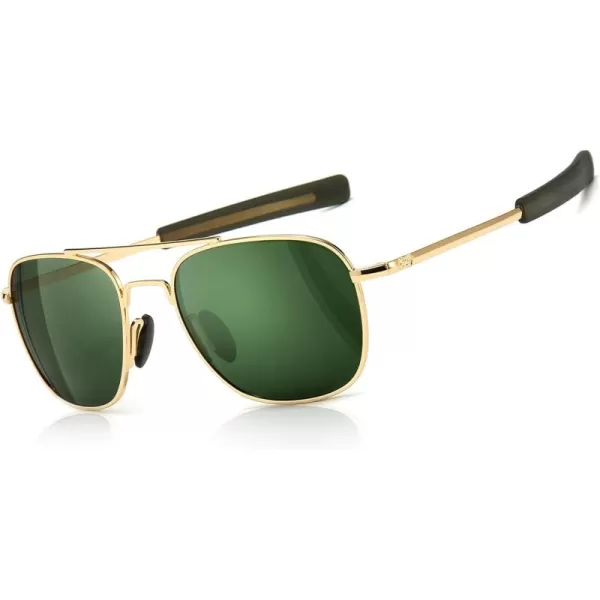 SUNGAIT Mens Military Style Polarized Pilot Aviator Sunglasses Bayonet Temples2024 Gold FrameGreen Lens