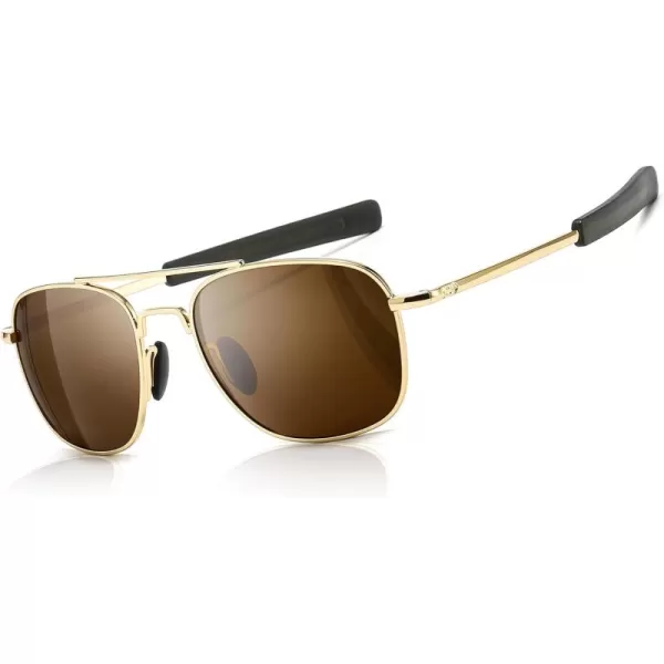 SUNGAIT Mens Military Style Polarized Pilot Aviator Sunglasses Bayonet TemplesGold FrameBrown Lens