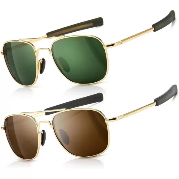 SUNGAIT Mens Military Style Polarized Pilot Aviator Sunglasses Bayonet TemplesGoldDark Green  GoldBrown