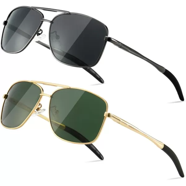 SUNGAIT Mens Polarized Square Aviator Sunglasses Durable Metal Frame for Fishing Driving Golf 100 UV Protection2 Pack Polarized GoldDark Green  GunmetalGray