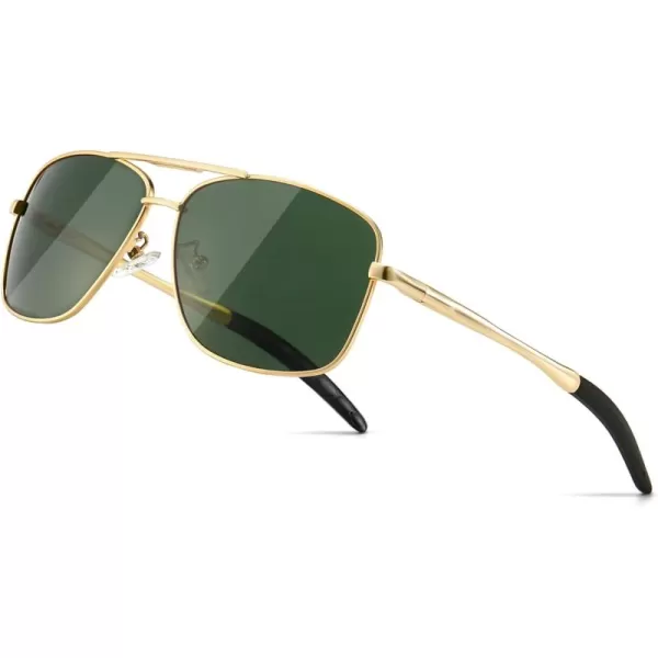 SUNGAIT Mens Polarized Square Aviator Sunglasses Durable Metal Frame for Fishing Driving Golf 100 UV ProtectionGold FrameGreen Lens