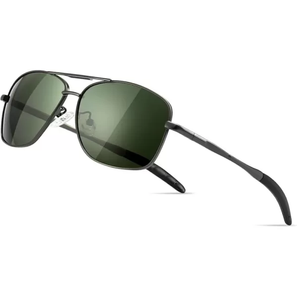 SUNGAIT Mens Polarized Square Aviator Sunglasses Durable Metal Frame for Fishing Driving Golf 100 UV ProtectionGunmetal FrameDark Green Lens