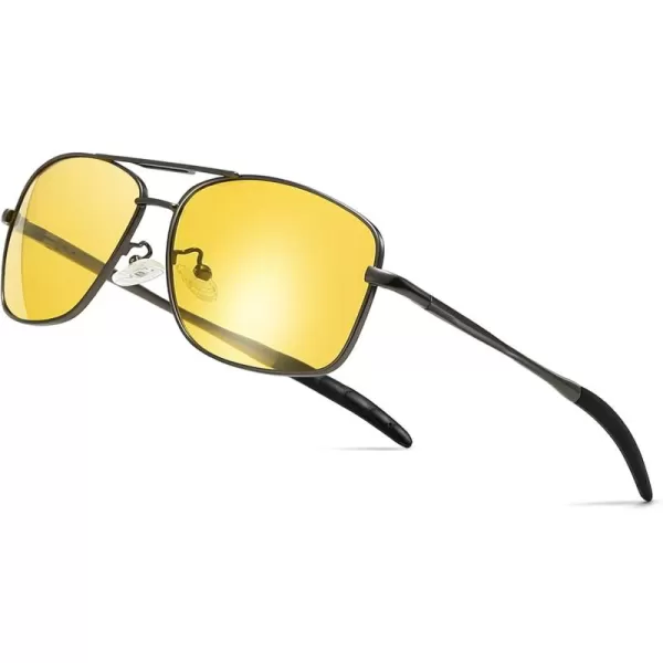 SUNGAIT Mens Polarized Square Aviator Sunglasses Durable Metal Frame for Fishing Driving Golf 100 UV ProtectionGunmetal FrameNight Vision Yellow
