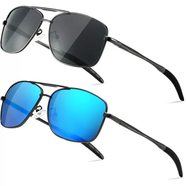 SUNGAIT Mens Polarized Square Aviator Sunglasses Durable Metal Frame for Fishing Driving Golf 100 UV ProtectionGunmetalGray  GunmetalBlue Mirrored