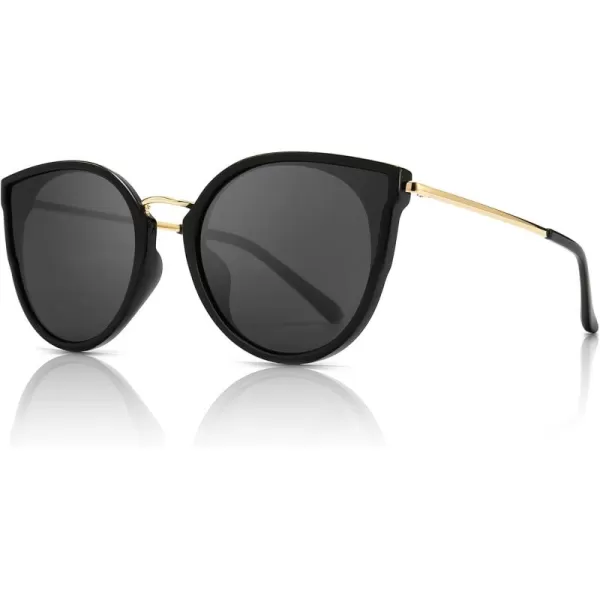 SUNGAIT Oversized Vintage Polarized Cat Eye Sunglasses for Women UV400Black Frame Glossy FinishGrey Lens