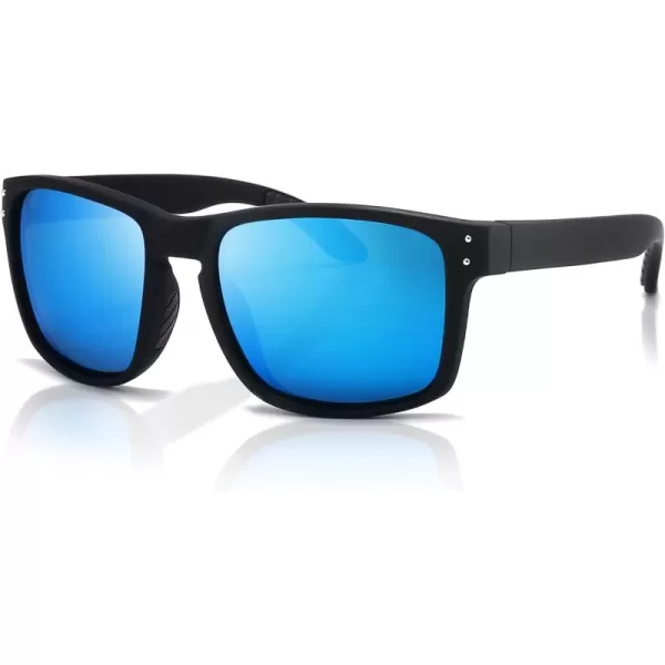 SUNGAIT Square Polarized Sunglasses Men Sports Driving Fishing Glasses UV400 ProtectionBlack Frame Matte Finish Blue Mirror Lens