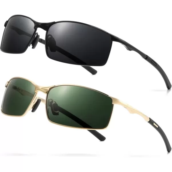 SUNGAIT Ultra Lightweight Polarized Sunglasses Men Rectangular Metal Frame with Spring Hinge2 Pack BlackGray  GoldDark Green