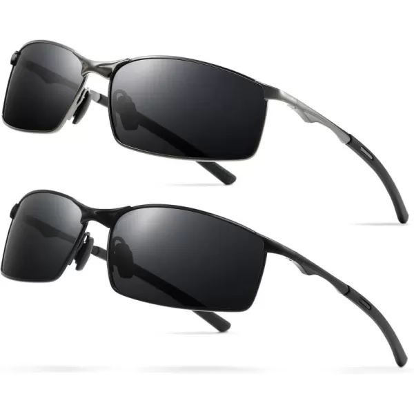 SUNGAIT Ultra Lightweight Polarized Sunglasses Men Rectangular Metal Frame with Spring Hinge2 Pack BlackGray  GunmetalGray