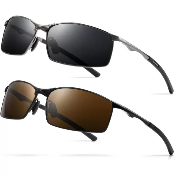SUNGAIT Ultra Lightweight Polarized Sunglasses Men Rectangular Metal Frame with Spring Hinge2 Pack GunmetalGray  BlackBrown