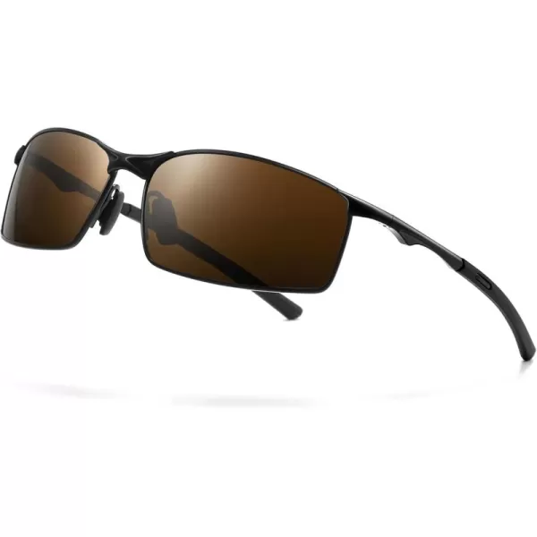 SUNGAIT Ultra Lightweight Polarized Sunglasses Men Rectangular Metal Frame with Spring HingeBlack Frame Brown Lens
