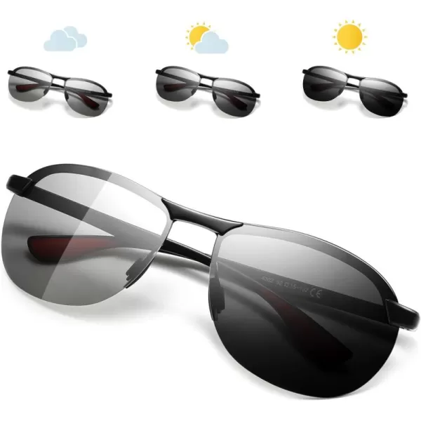 SUNGAIT Ultra Lightweight Polarized Sunglasses Men Rectangular Metal Frame with Spring HingeBlack FramePhotochromic Polarized Lens